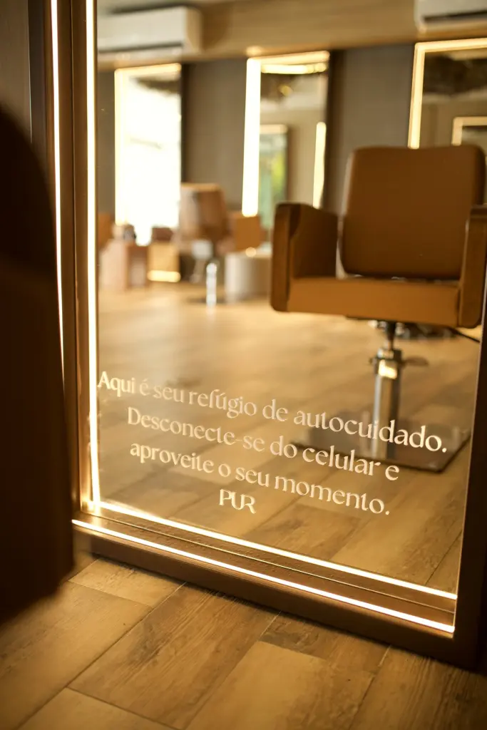 Porta de vidro iluminada com a frase “Aqui é seu refúgio de autocuidado. Desconecte-se do celular e aproveite o seu momento.”, com uma cadeira do salão ao fundo
