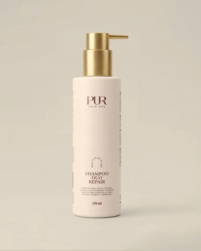 Shampoo Duo Repair, 250 ml, frasco com válvula dourada da linha PUR Hair & Scalp